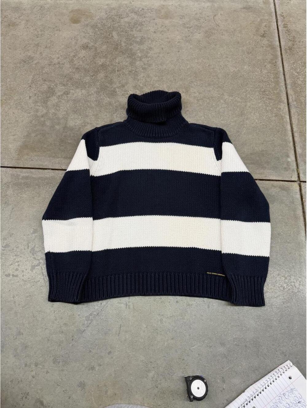 vintage polo jeans company navy and white striped turtle neck sweater